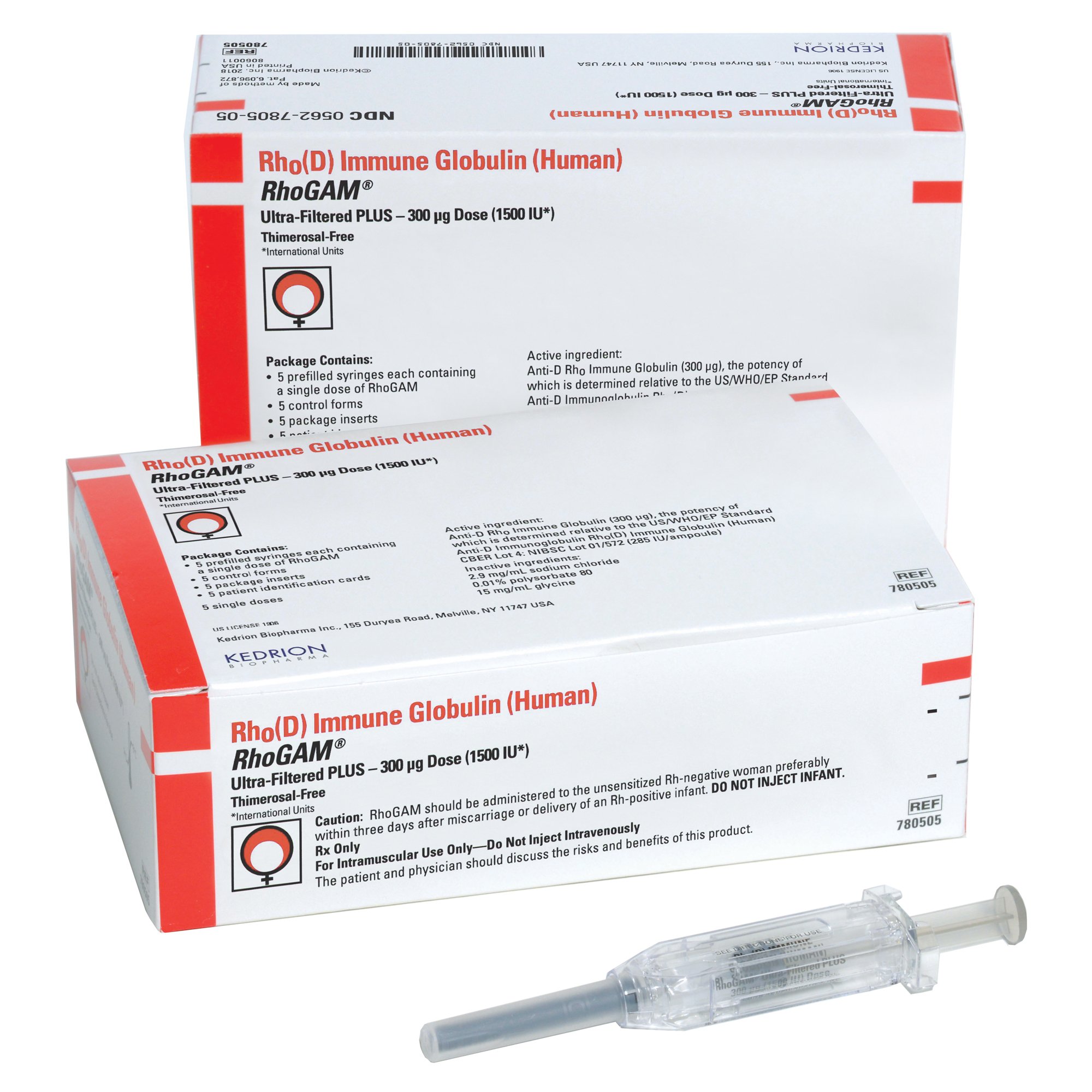 RhoGAM® Ultra-Filtered Plus Rho (D) Immune Globulin (Human), Preservative Free 1,500 IU (300 mcg) Injection Prefilled Syringe 5 Syringes by Kedrion Biopharma  ID 00562-7805-05